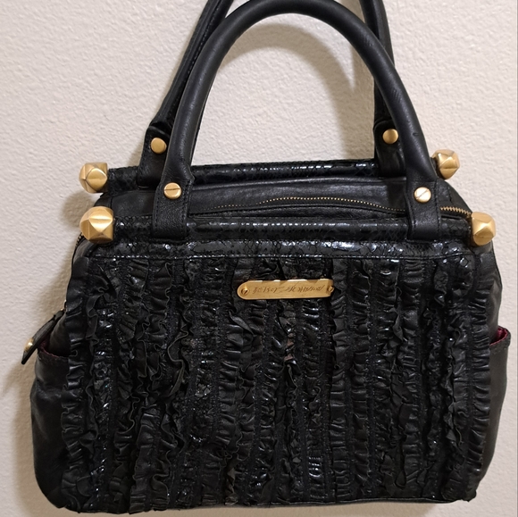 Betsey Johnson • Black Leather Ruffle Zip Y2k Handbag Satchel Shoulder Bag 00s - Picture 2 of 15